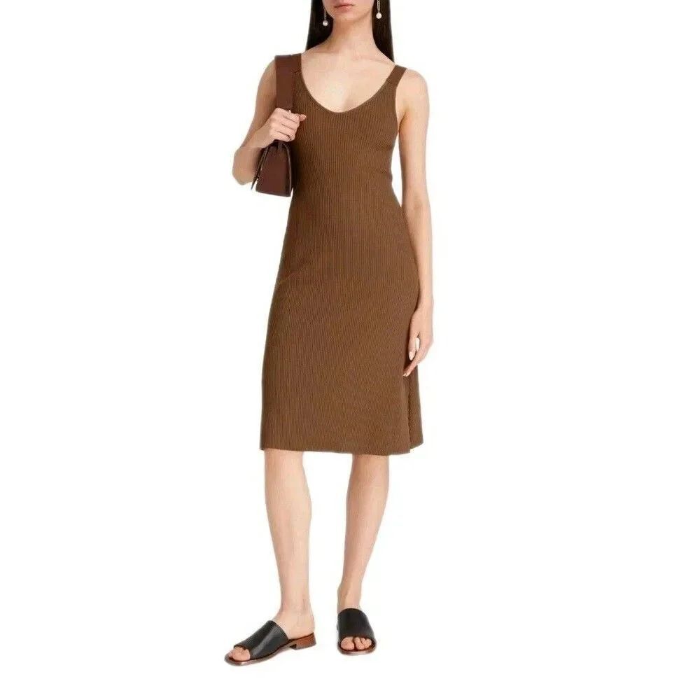 Vince Rib Pencil Dress Knee Length Sleeveless Ribbed Knit Classic Brown Size M